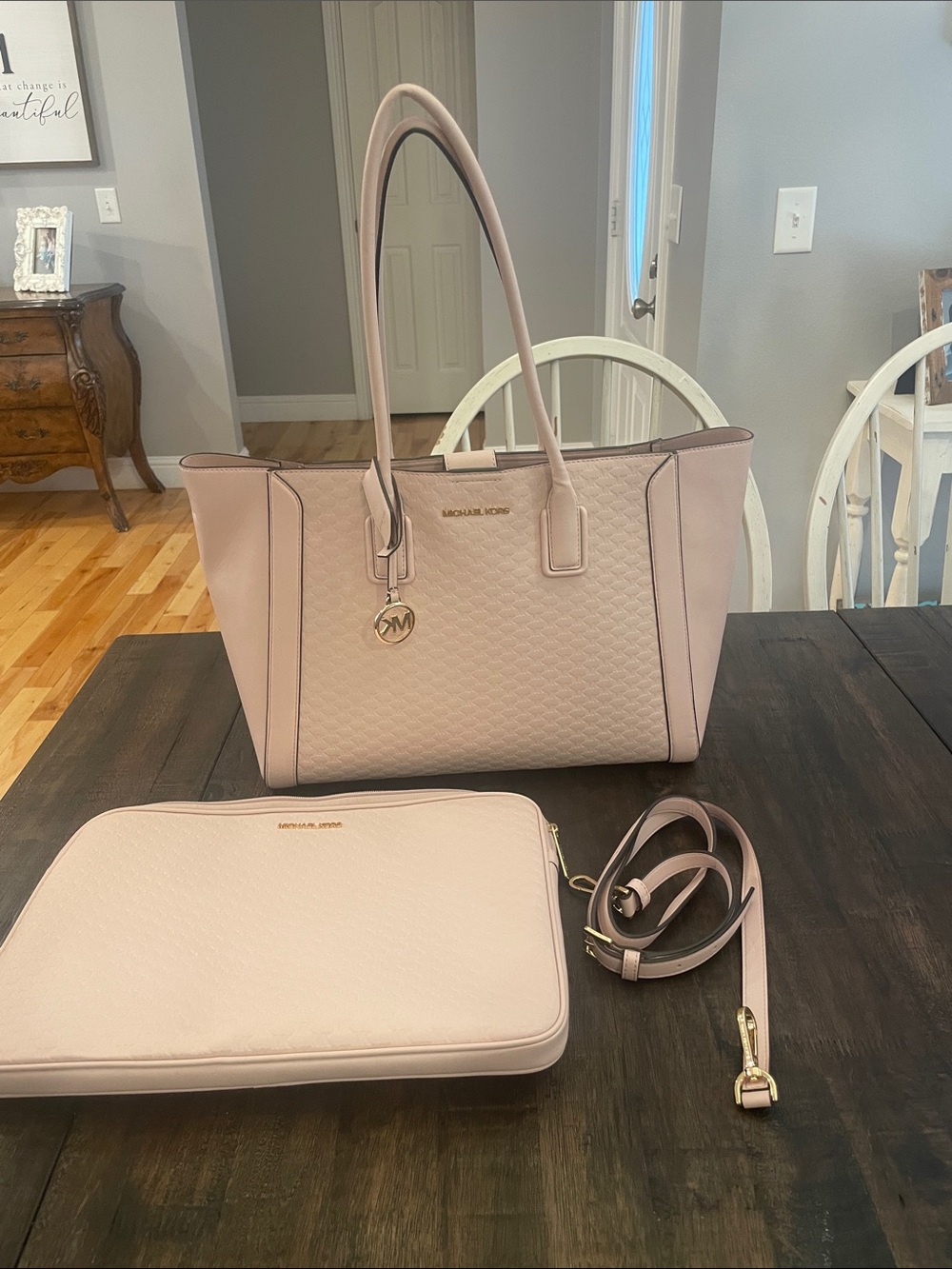 Michael Kors Blush Quilted Tote with Matching Pouch and Strap